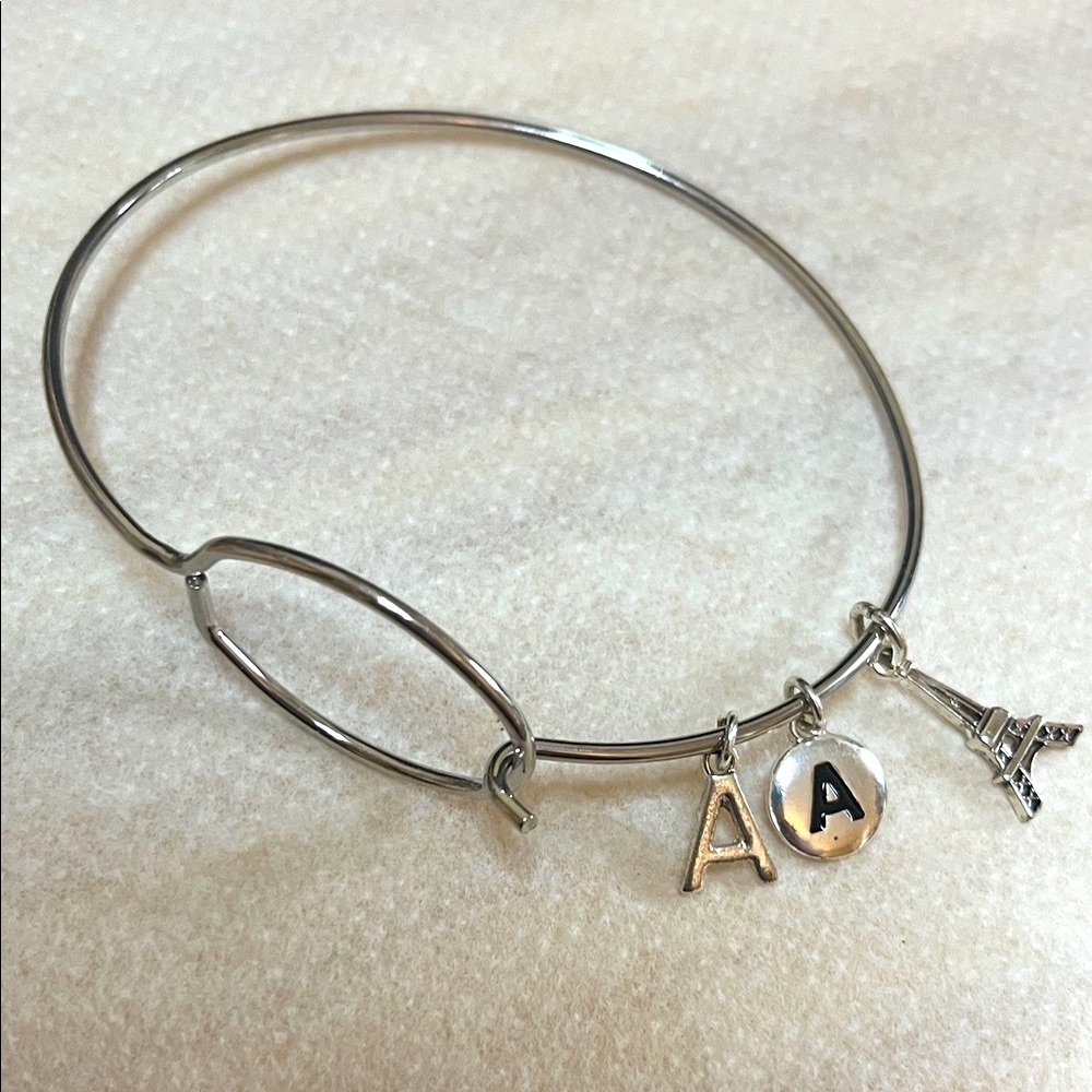 Silver Charm Bracelet with “A” Initials and Eiffel Tower